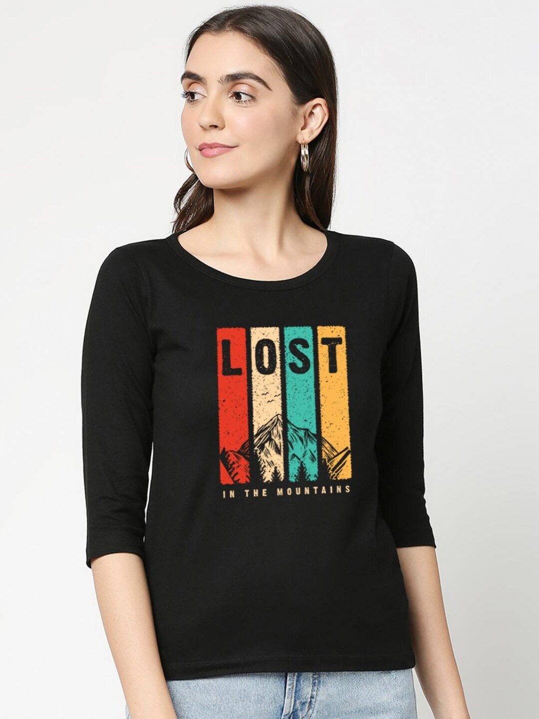 

Bewakoof Women Black Typography Printed Pure Cotton Slim Fit T-shirt