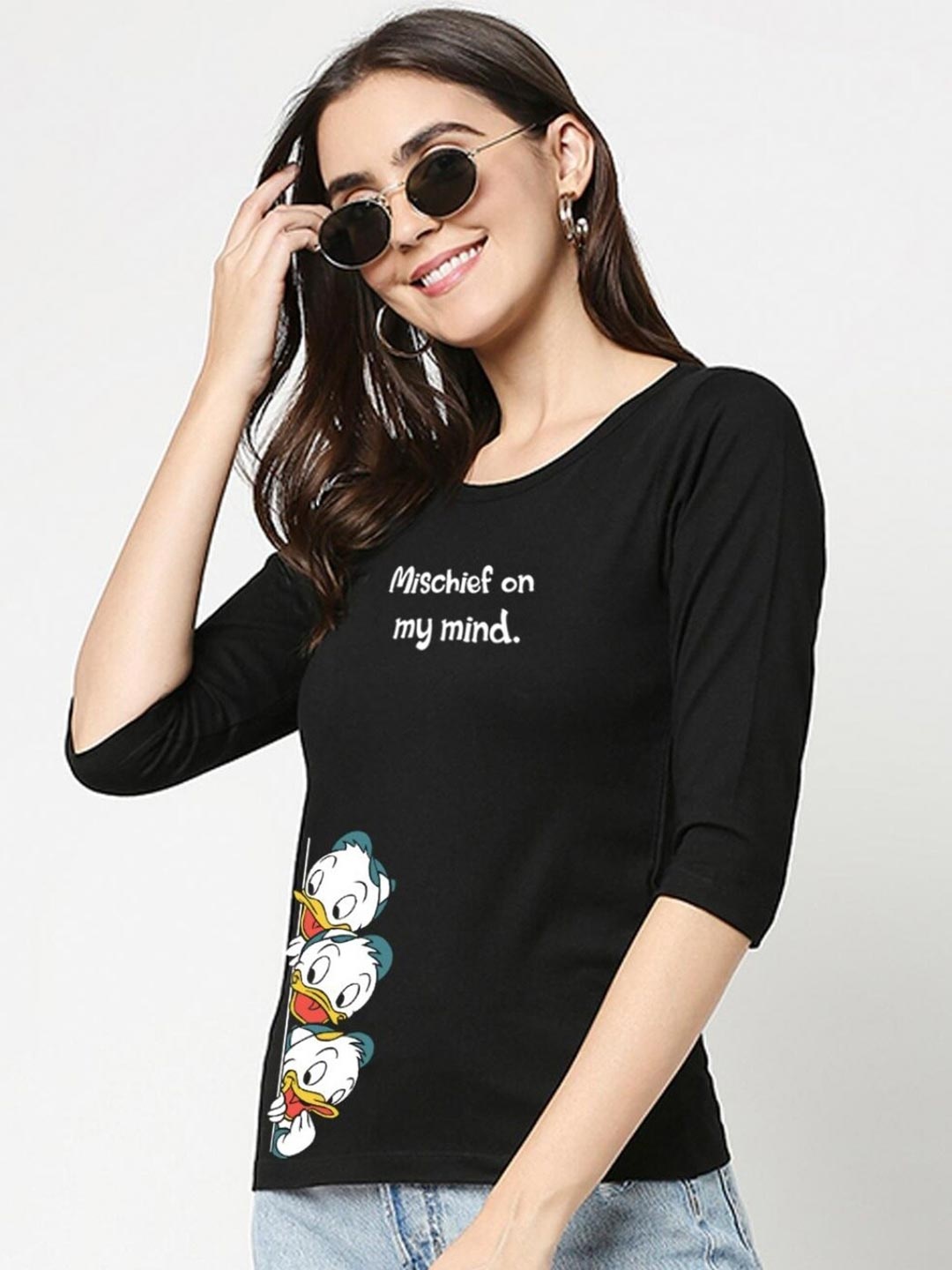 

Bewakoof Women Black Printed Pure Cotton Slim Fit T-shirt