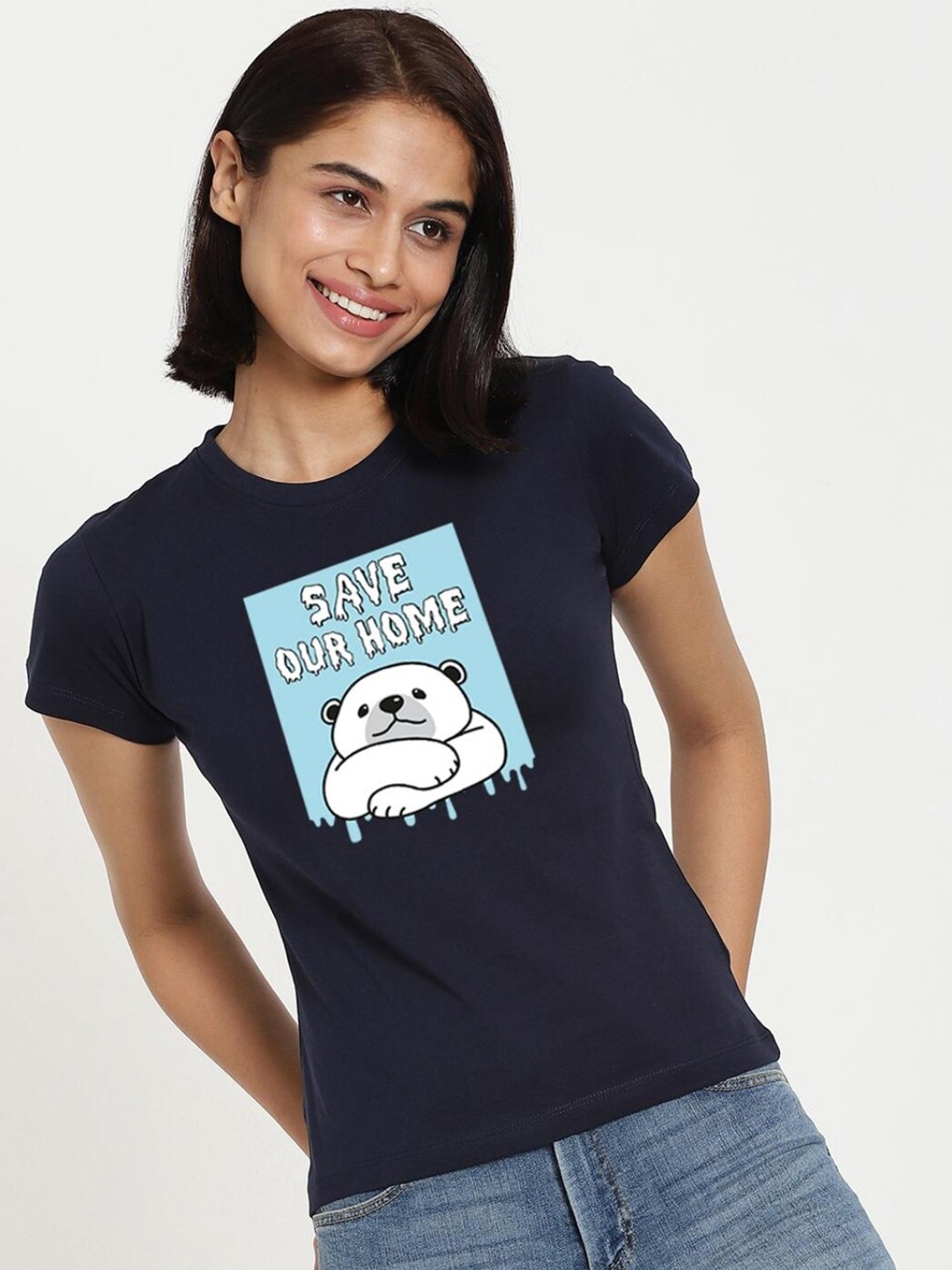 

Bewakoof Women Blue Printed Pure Cotton Slim Fit T-shirt