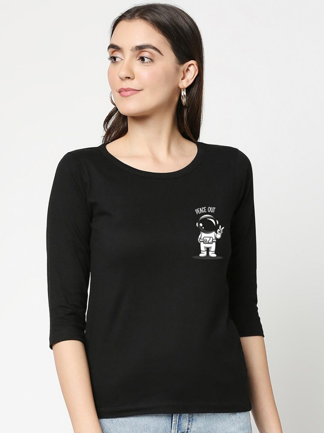 

Bewakoof Women Black Typography Pure Cotton Slim Fit T-shirt