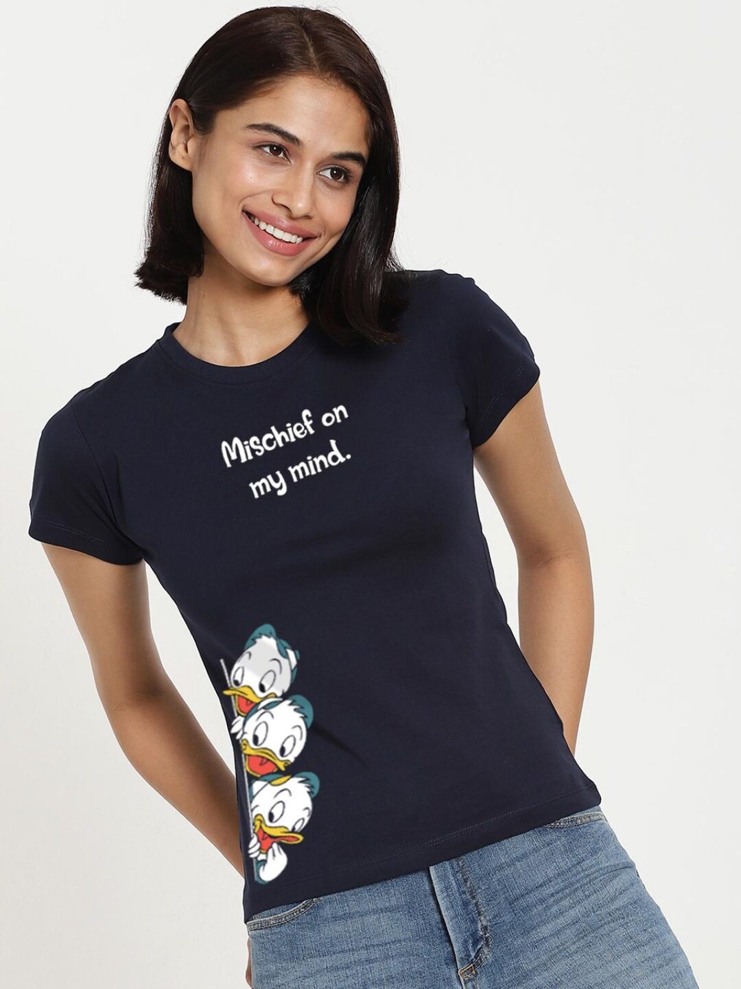 

Bewakoof Women Blue Printed Pure Cotton Applique Slim Fit T-shirt