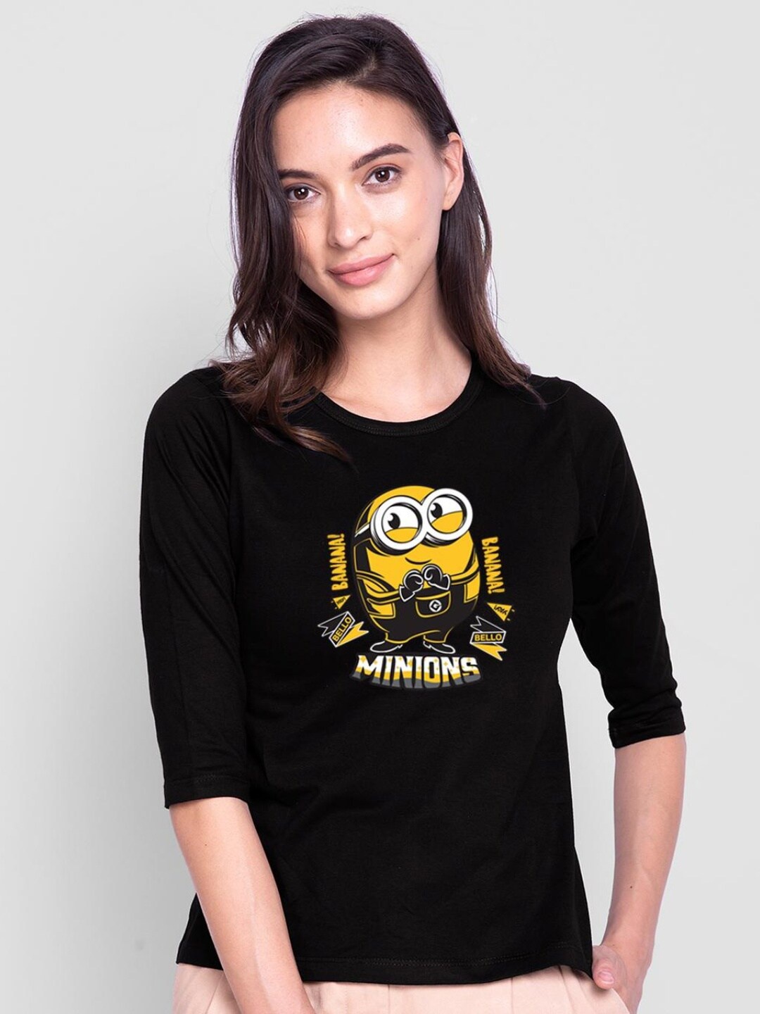 

Bewakoof Women Black Minion Printed Pure Cotton Slim Fit T-shirt