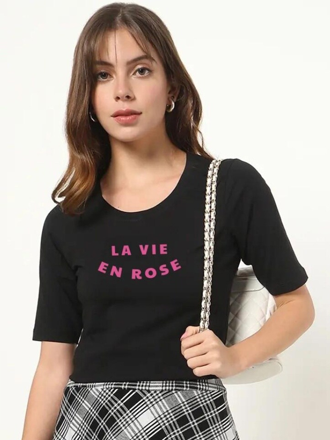 

Bewakoof Women Black Typography Slim Fit T-shirt