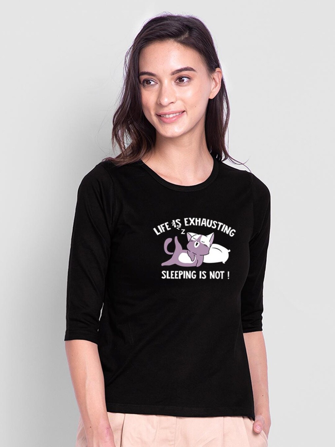 

Bewakoof Women Black Typography Printed Pure Cotton Slim Fit T-shirt