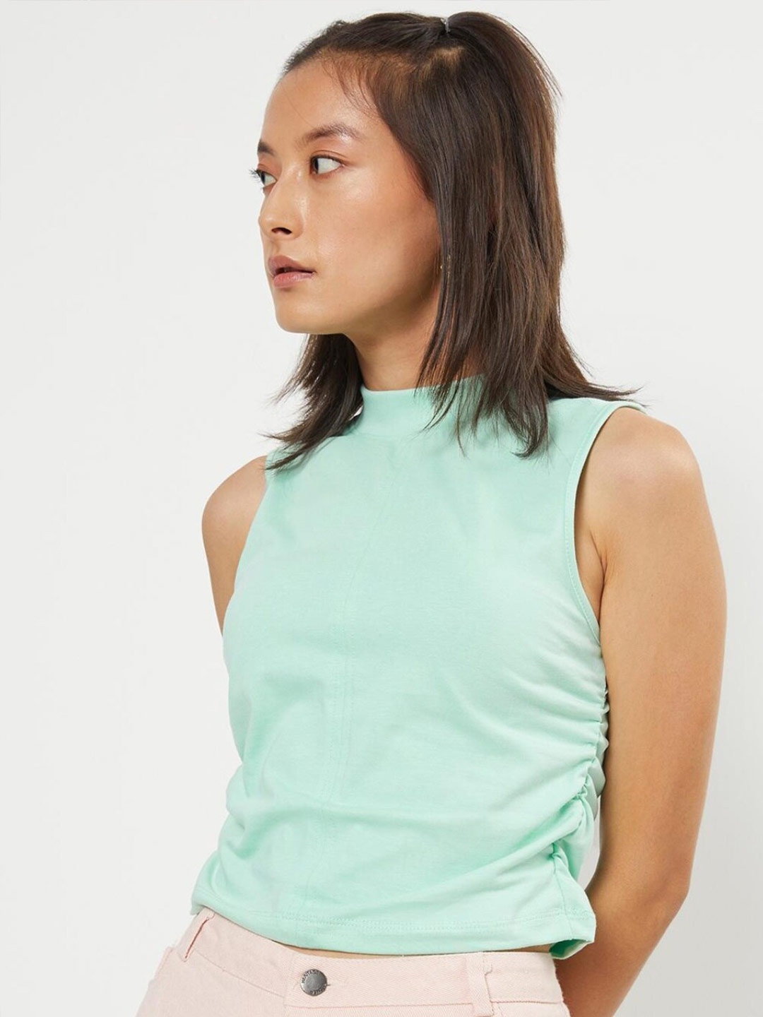 

Bewakoof Women Green High Neck Pure Cotton Slim Fit T-shirt