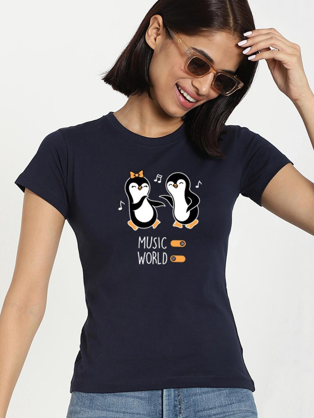 

Bewakoof Women Blue Typography Printed Pure Cotton T-shirt