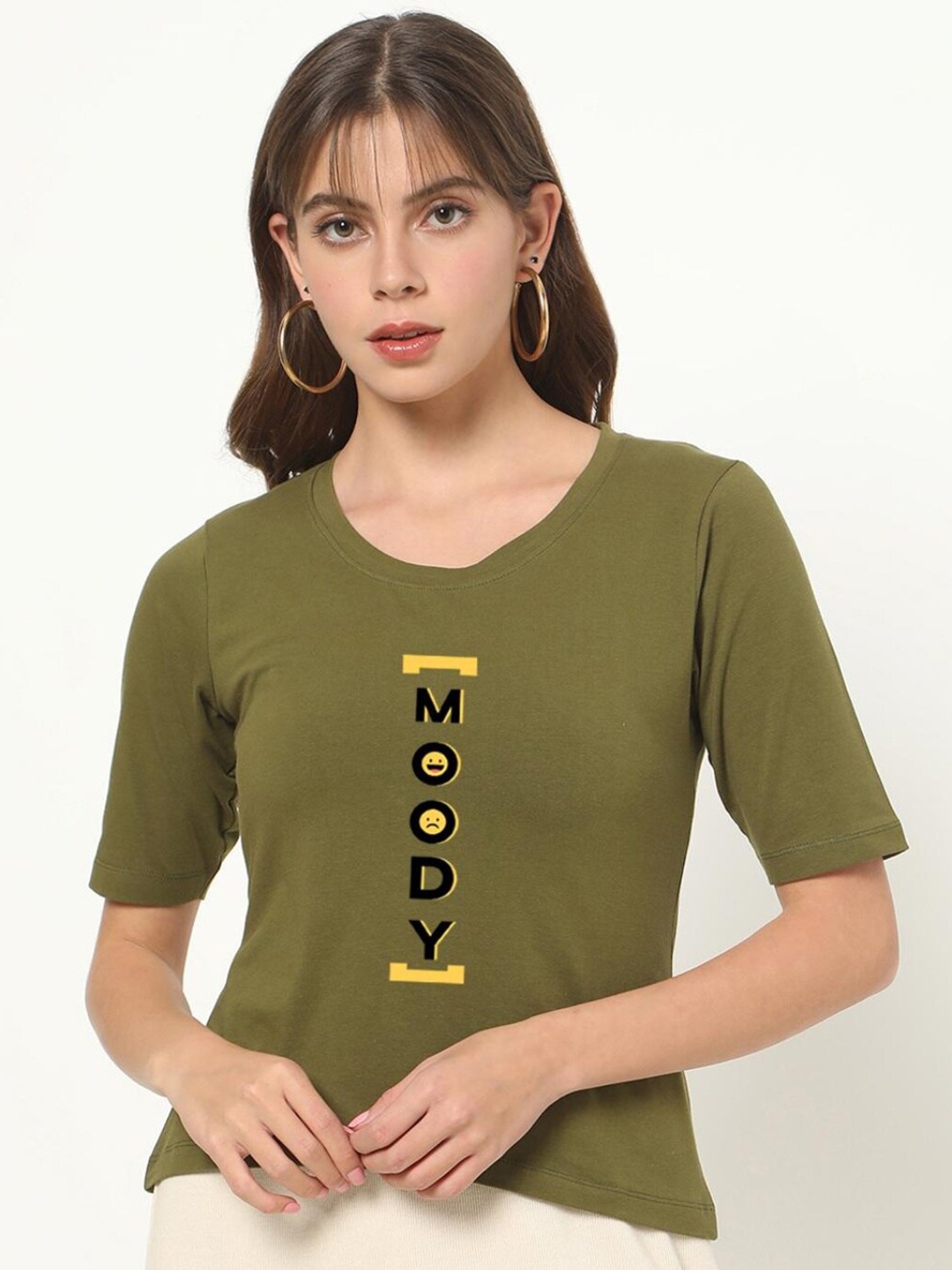 

Bewakoof Women Olive Green Typography Printed Loose T-shirt