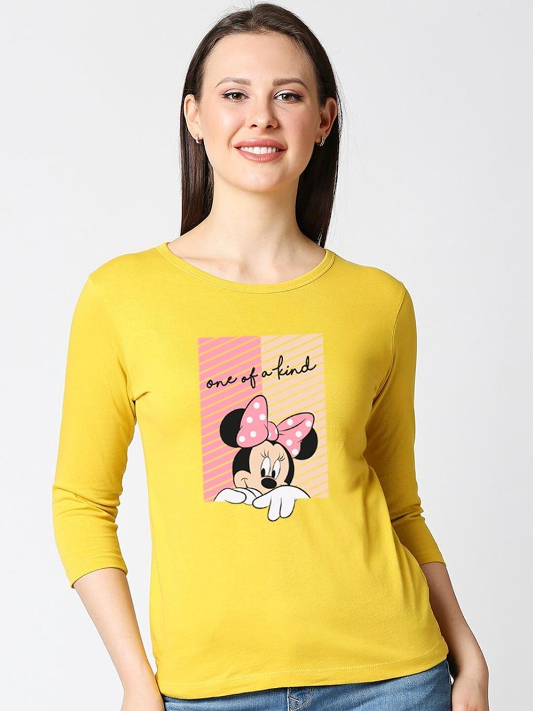 

Bewakoof Women Yellow & Pink Minnie Mouse Printed Pure Cotton Slim Fit T-shirt