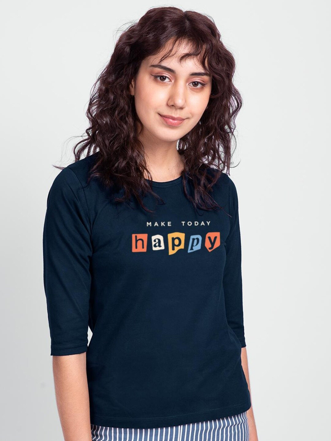 

Bewakoof Women Blue Typography Pure Cotton Slim Fit T-shirt