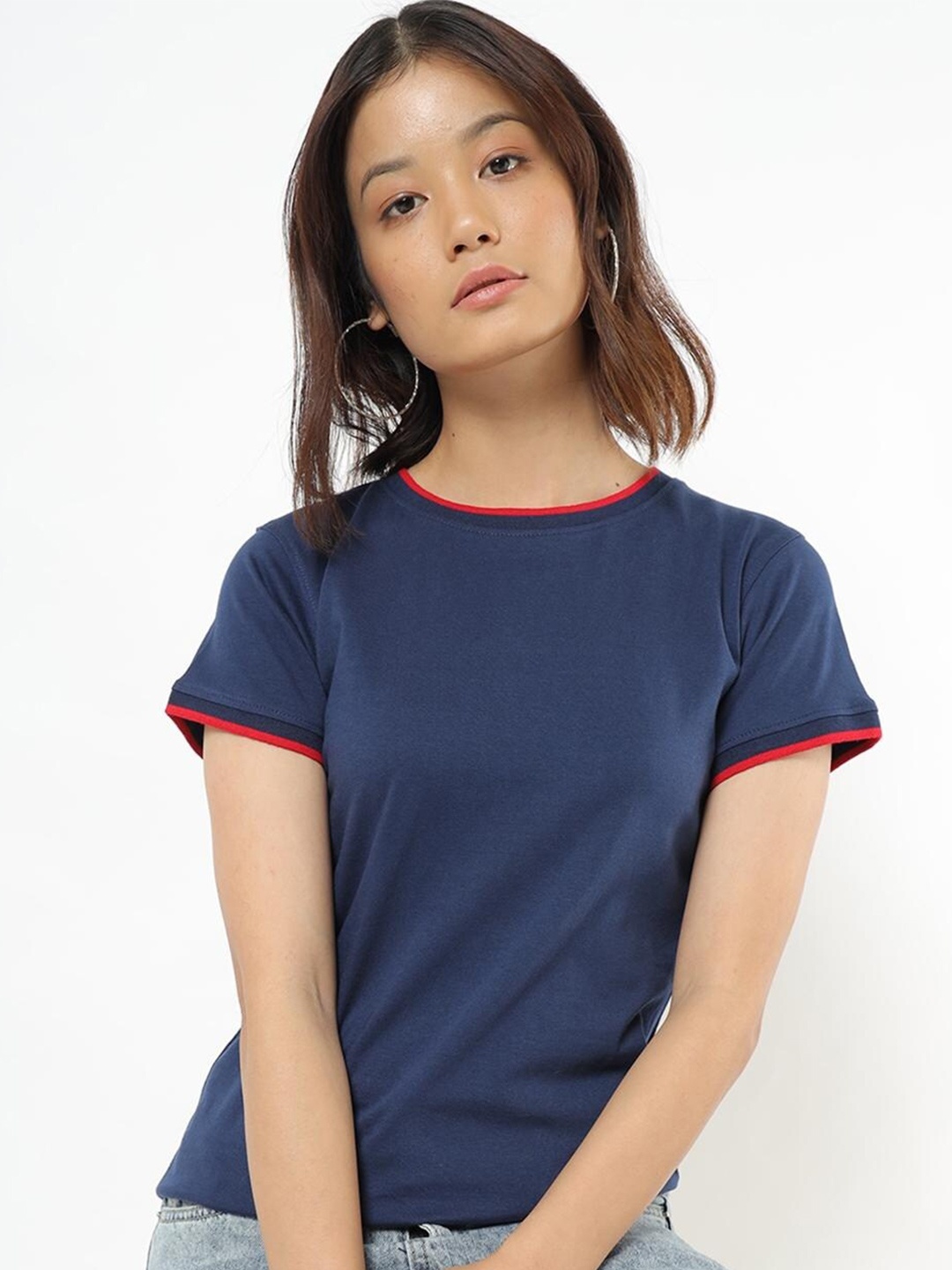 

Bewakoof Women Navy Blue & Red Striped Pure Cotton T-shirt