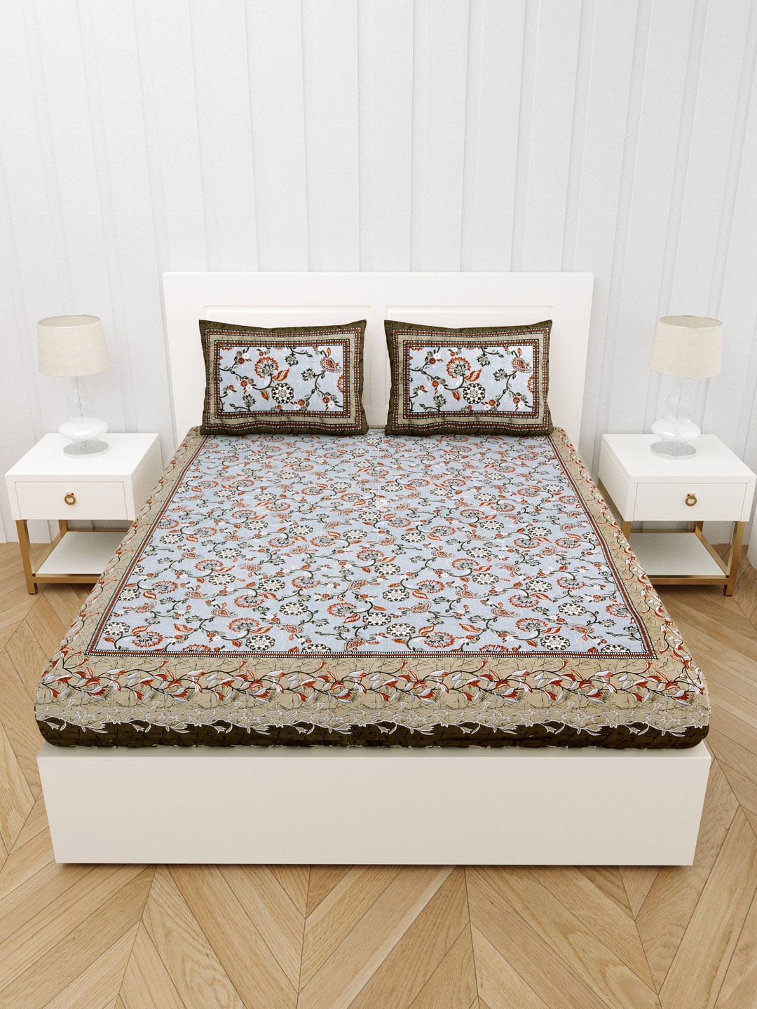 

JAIPUR FABRIC Brown & Grey Floral Queen Bedsheet with 2 Pillow Covers
