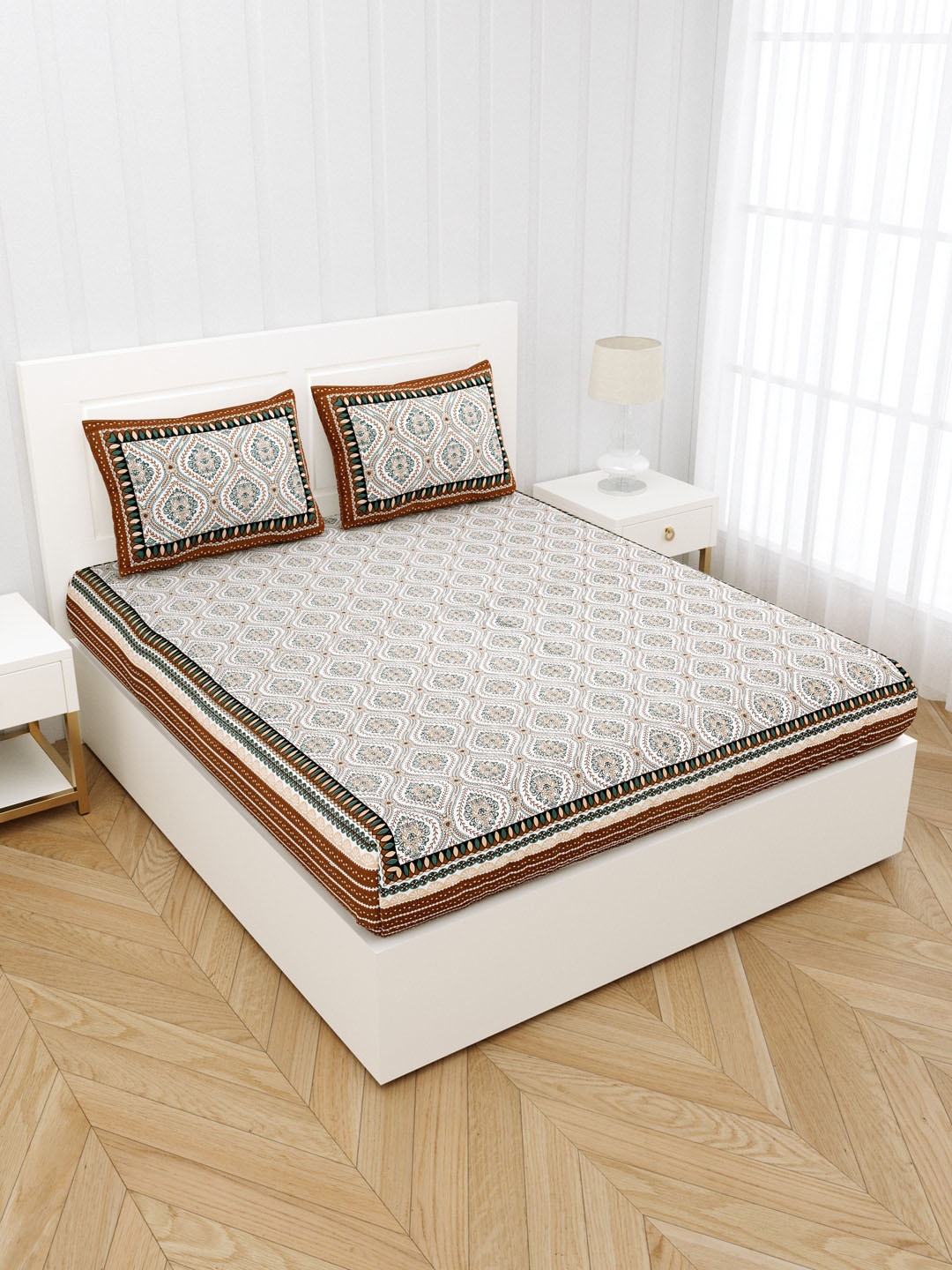 

JAIPUR FABRIC Brown & Off White Ethnic Motifs Queen Bedsheet with 2 Pillow Covers