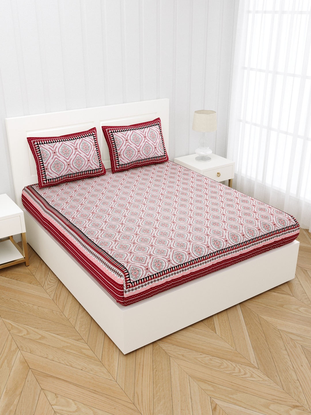 

JAIPUR FABRIC Pink & Green Ethnic Motifs Queen Bedsheet with 2 Pillow Covers