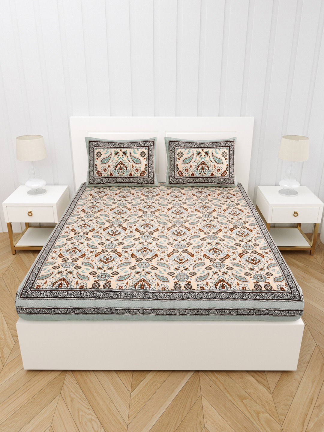 

JAIPUR FABRIC Blue & Brown Floral Queen Bedsheet with 2 Pillow Covers