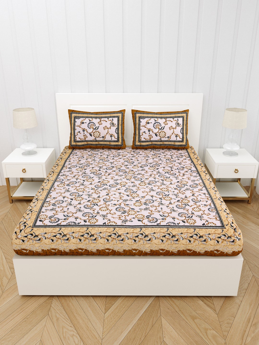 

JAIPUR FABRIC Blue & Brown Floral Cotton Queen Bedsheet With 2 Pillow Covers