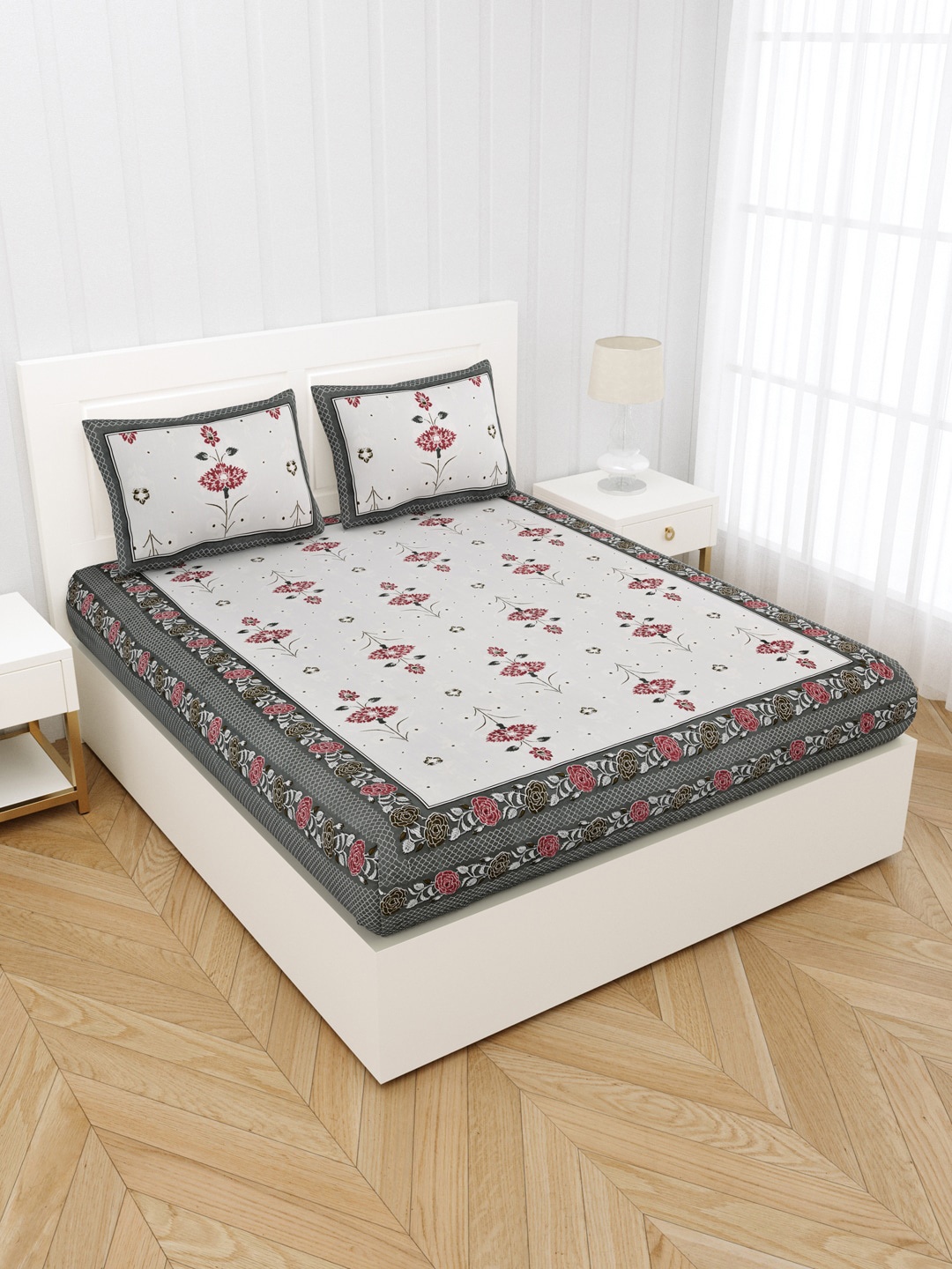 

JAIPUR FABRIC Grey & White Floral 240 TC Cotton Queen Bedsheet with 2 Pillow Covers