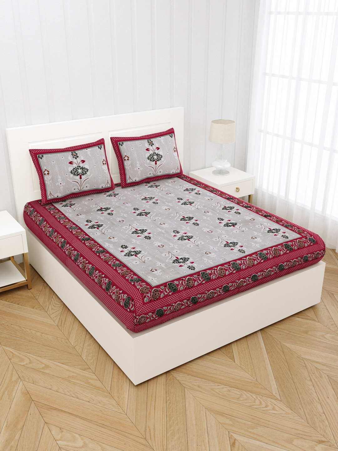 

JAIPUR FABRIC Red & Grey Floral Queen Pure Cotton Bedsheet with 2 Pillow Covers