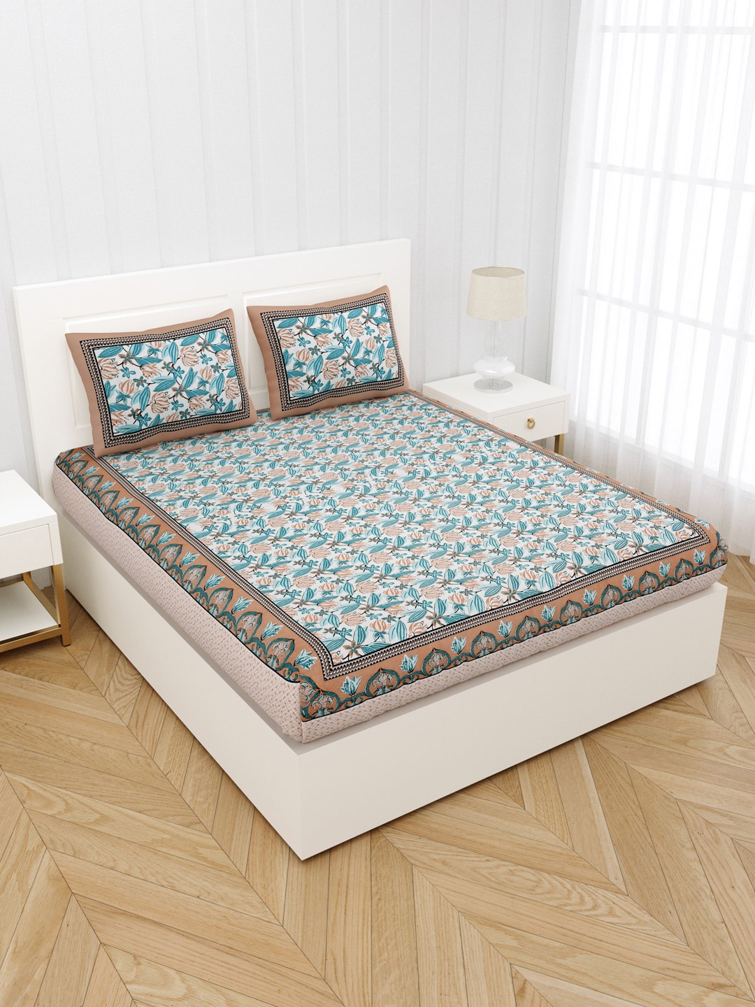 

JAIPUR FABRIC Blue & Brown Floral Queen Bedsheet with 2 Pillow Covers
