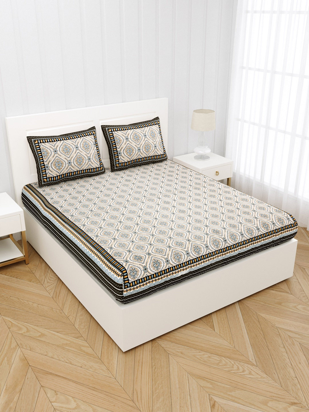 

JAIPUR FABRIC Grey & Blue Ethnic Motifs Queen Bedsheet with 2 Pillow Covers