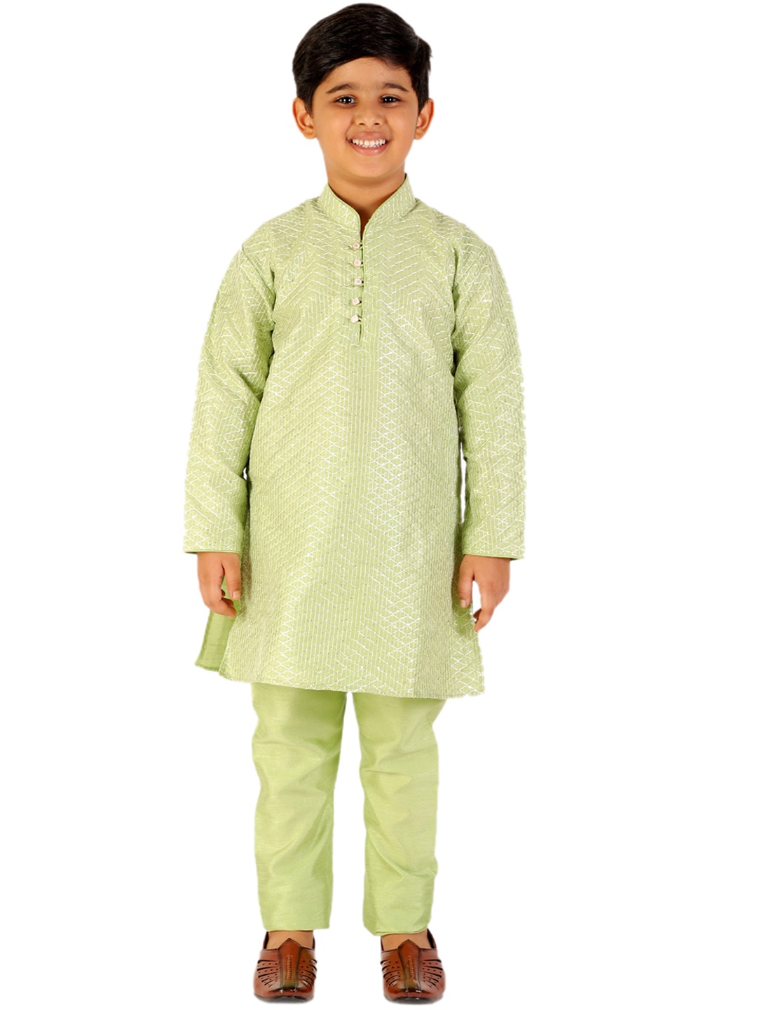 

Pro-Ethic STYLE DEVELOPER Boys Green Embroidered Sequinned Pure Silk Kurta with Trousers