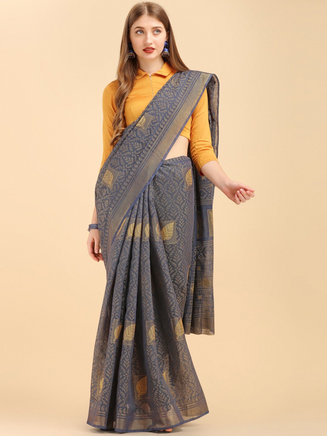 

Sangria Navy Blue & Beige Ethnic Motifs Pure Cotton Saree