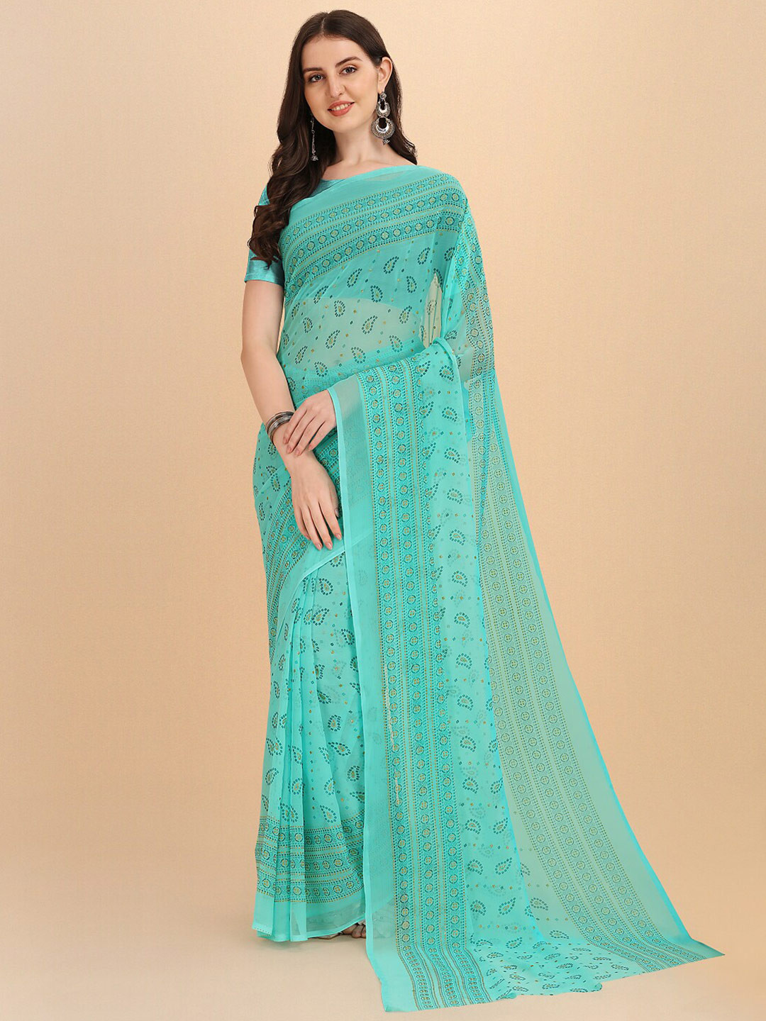 

Sangria Turquoise Blue Paisley Printed Pure Chiffon Saree