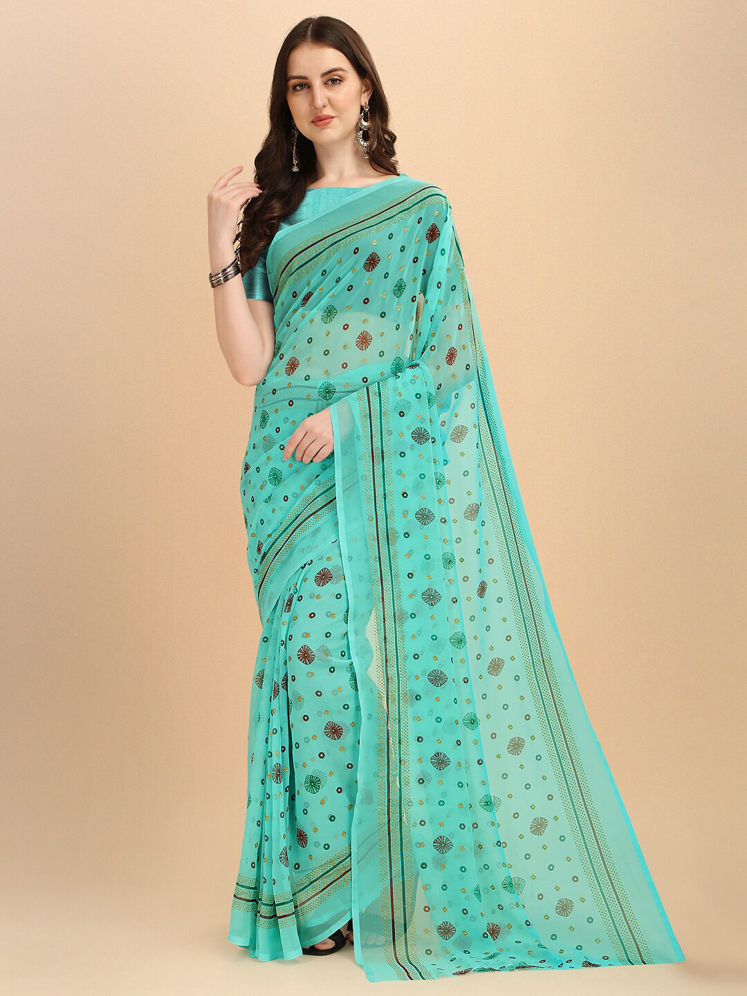 

Sangria Turquoise Blue & Red Ethnic Motifs Pure Chiffon Saree