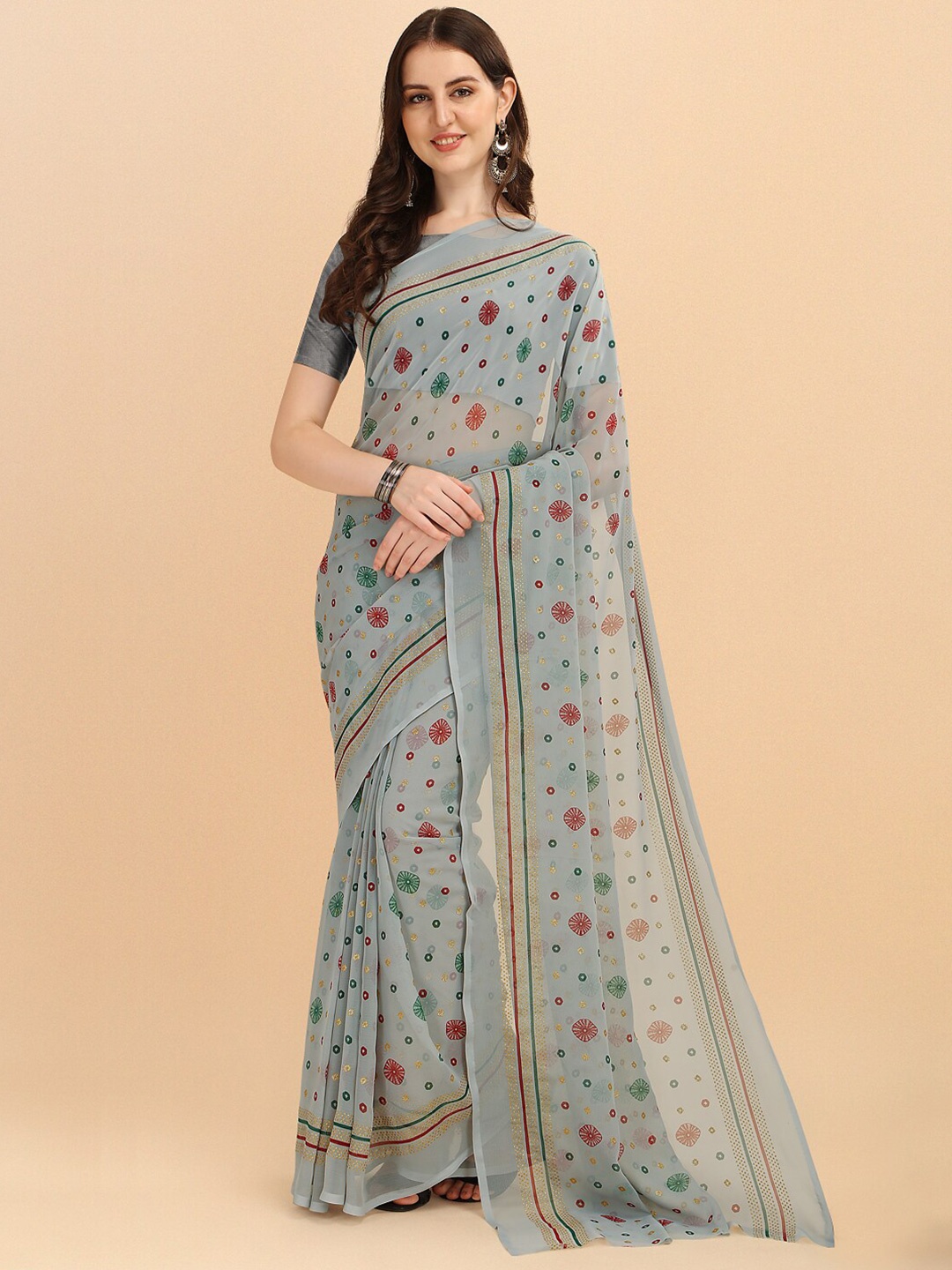 

Sangria Grey & Green Pure Chiffon Saree