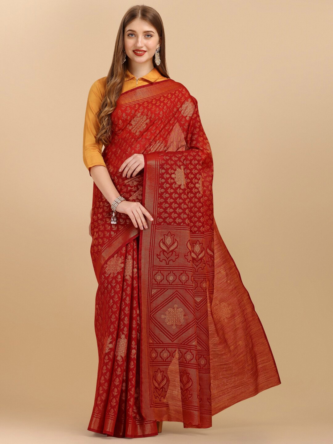 

Sangria Red & Gold-Toned Ethnic Motifs Zari Pure Chiffon Saree