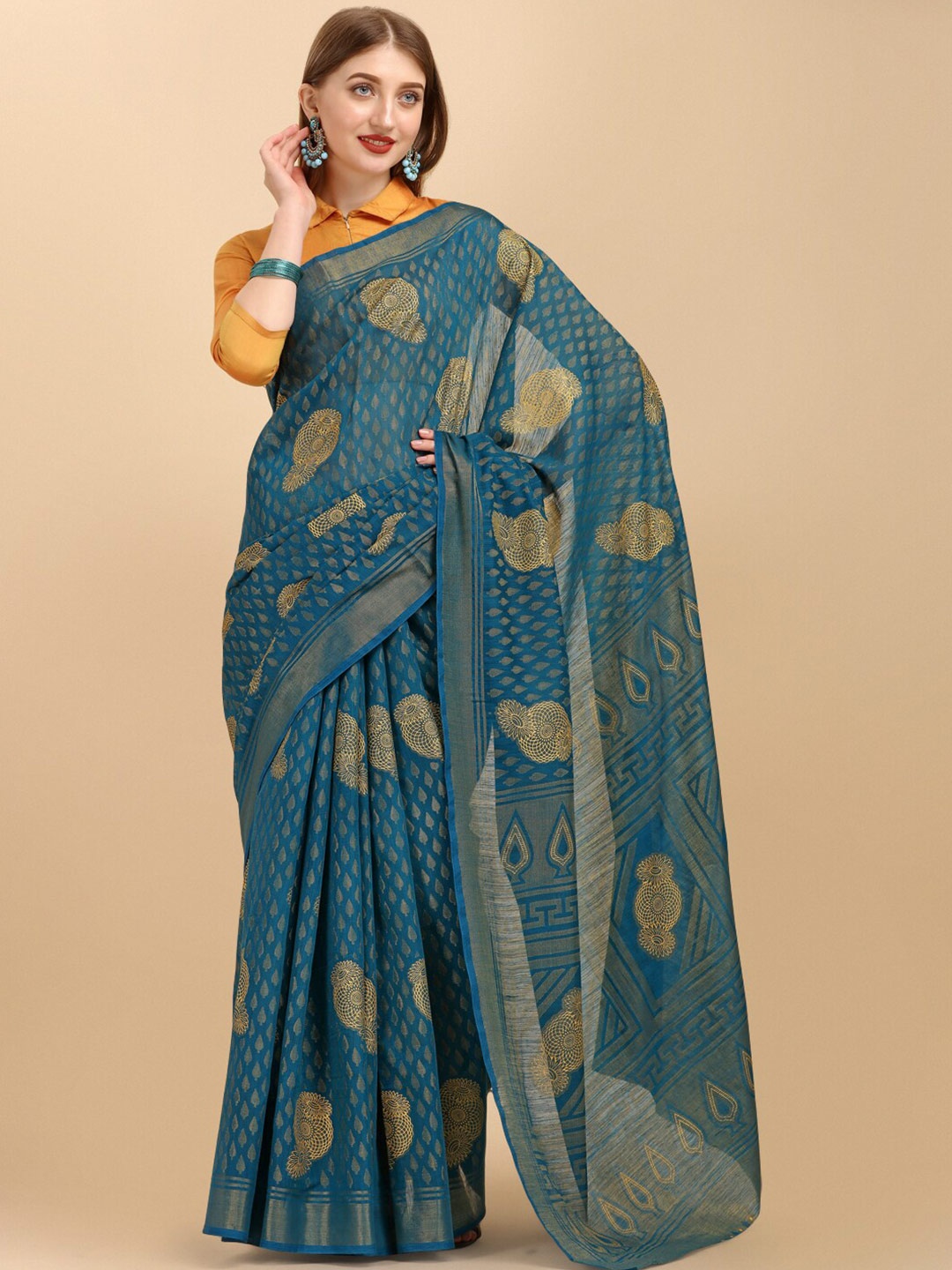 

Sangria Blue & Gold-Toned Pure Chiffon Saree