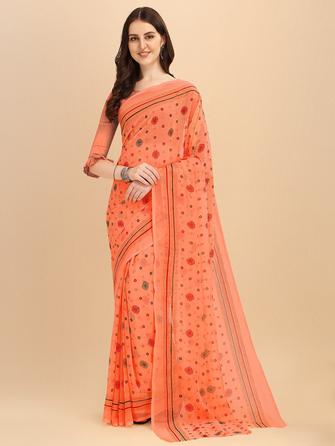 

Sangria Orange & Blue Bandhani Pure Chiffon Saree