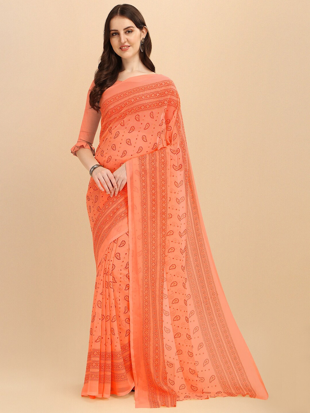 

Sangria Orange & Red Bandhani Pure Chiffon Saree
