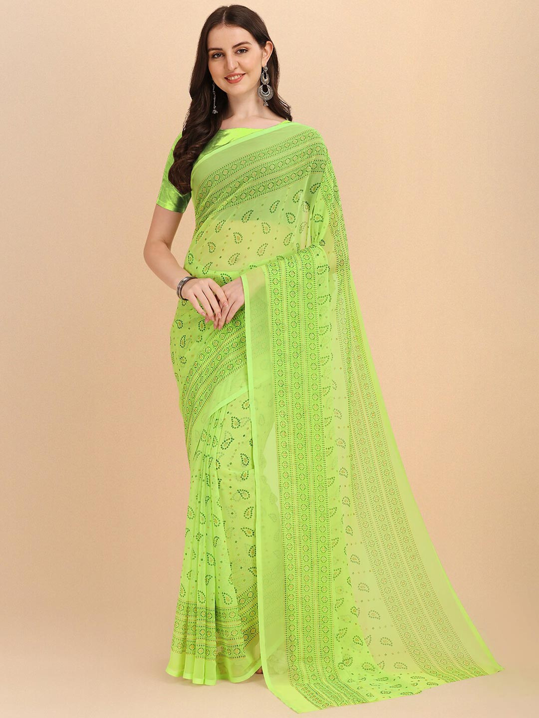 

Sangria Green & Brown Bandhani Pure Chiffon Saree