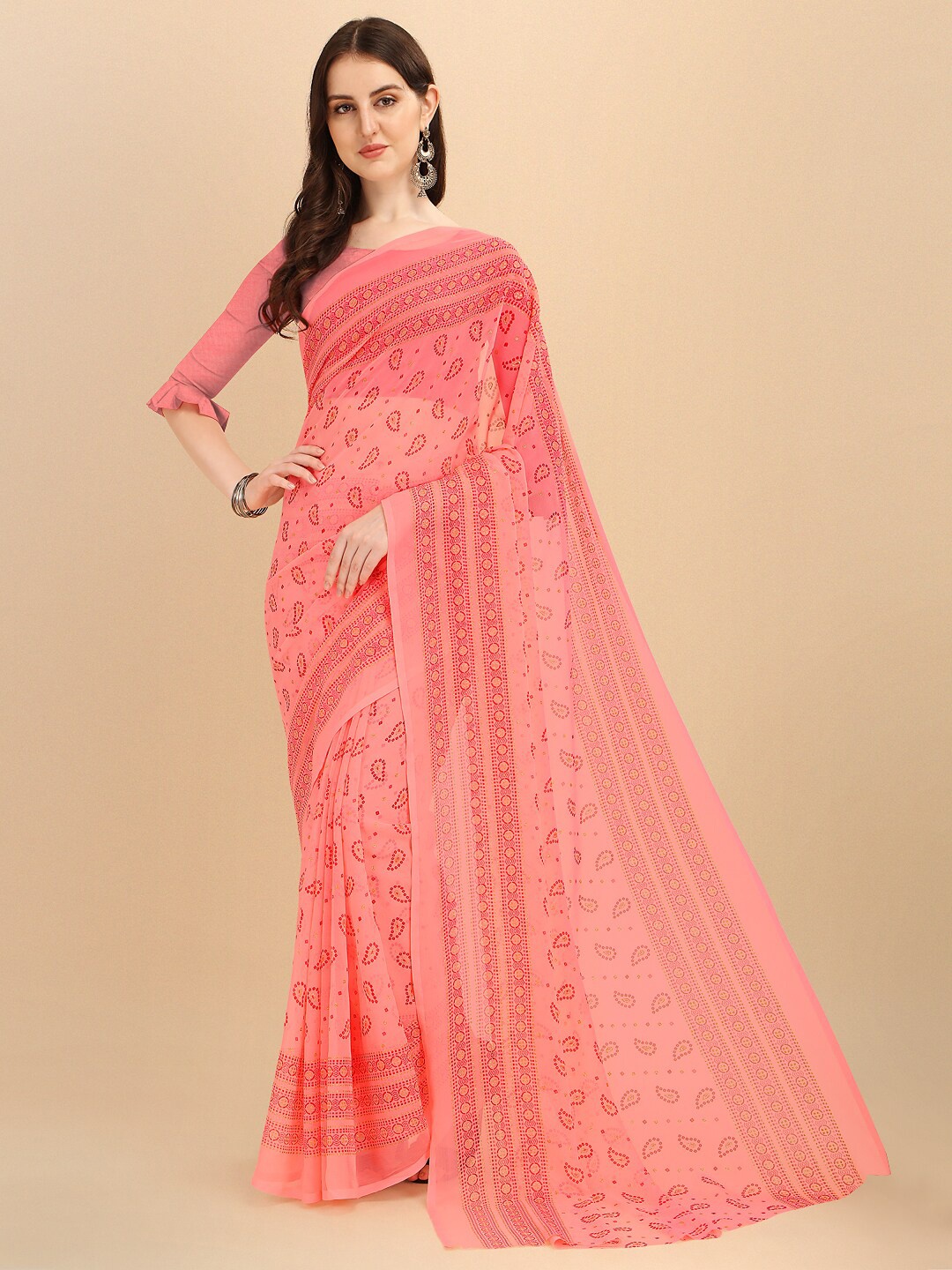 

Sangria Pink & Red Ethnic Motifs Pure Chiffon Saree