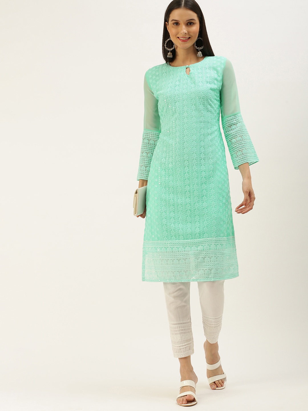

SWAGG INDIA Women Sea Green Ethnic Motifs Embroidered Keyhole Neck Chikankari Georgette Kurta