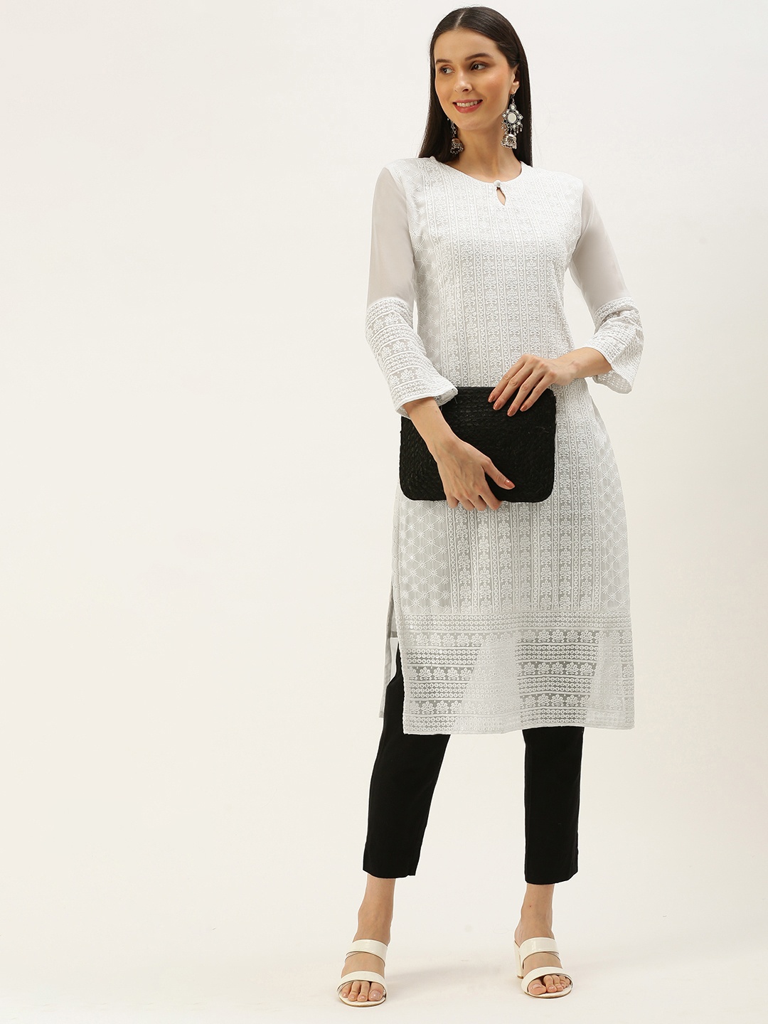 

SWAGG INDIA Women White Ethnic Motifs Embroidered Keyhole Neck Chikankari Georgette Kurta