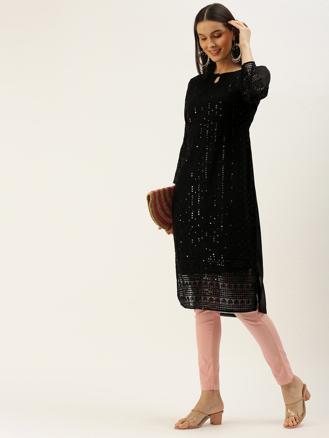 

SWAGG INDIA Women Black Ethnic Motifs Embroidered Keyhole Neck Chikankari Georgette Kurta