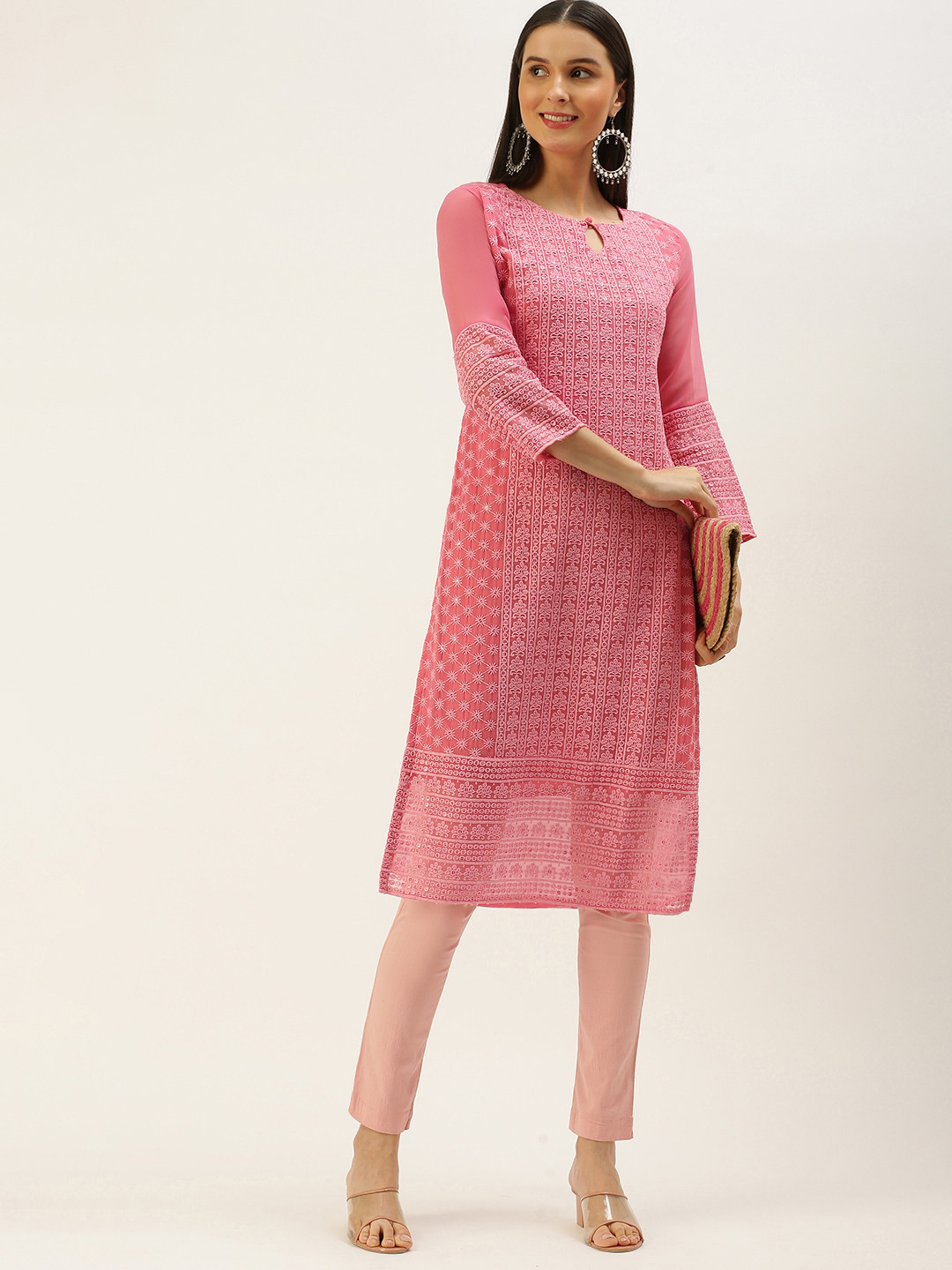 

SWAGG INDIA Women Pink Ethnic Motifs Embroidered Keyhole Neck Chikankari Georgette Kurta