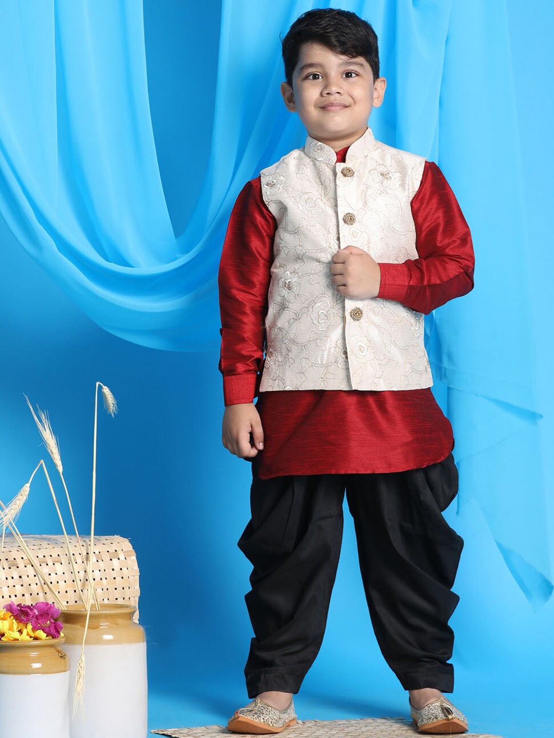 

VASTRAMAY Boys Maroon Solid Kurti with Dhoti Pants & Nehru Jackets