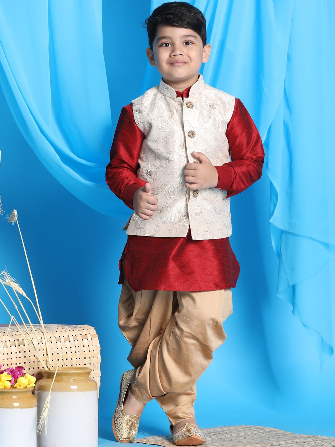 

VASTRAMAY Boys Maroon Layered Kurta with Dhoti Pant and Embroidered Nehru Jacket