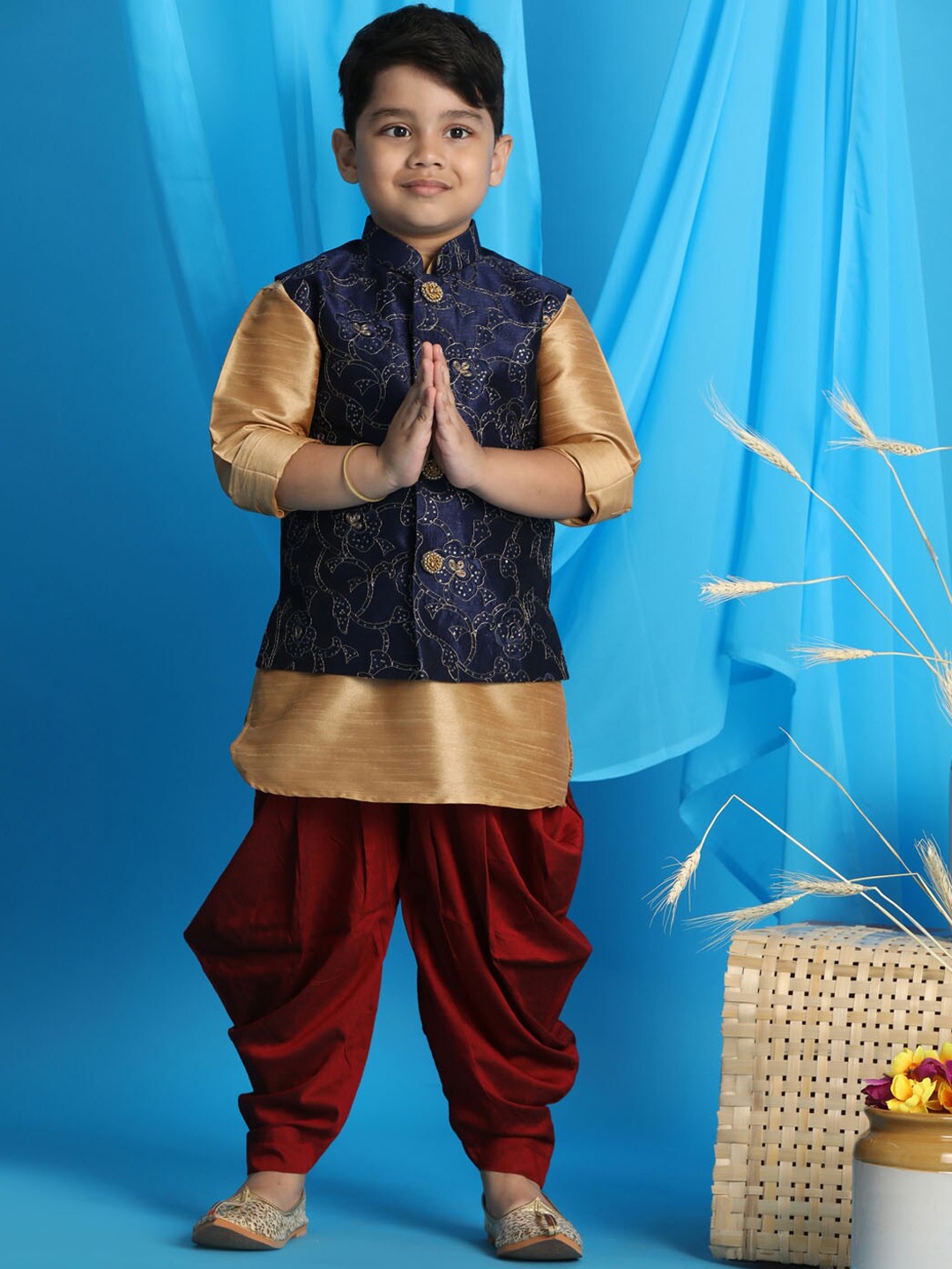 

VASTRAMAY Boys Embroidered & Sequinned Nehru Jacket With Kurta & Dhoti Pants, Gold