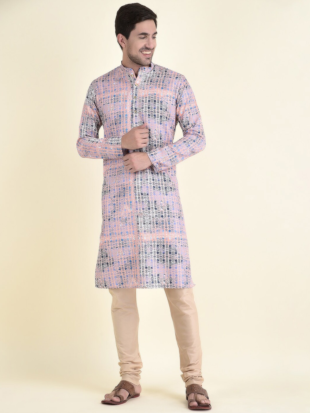 

TABARD Men Peach-Coloured & Purple Floral Printed Kurta