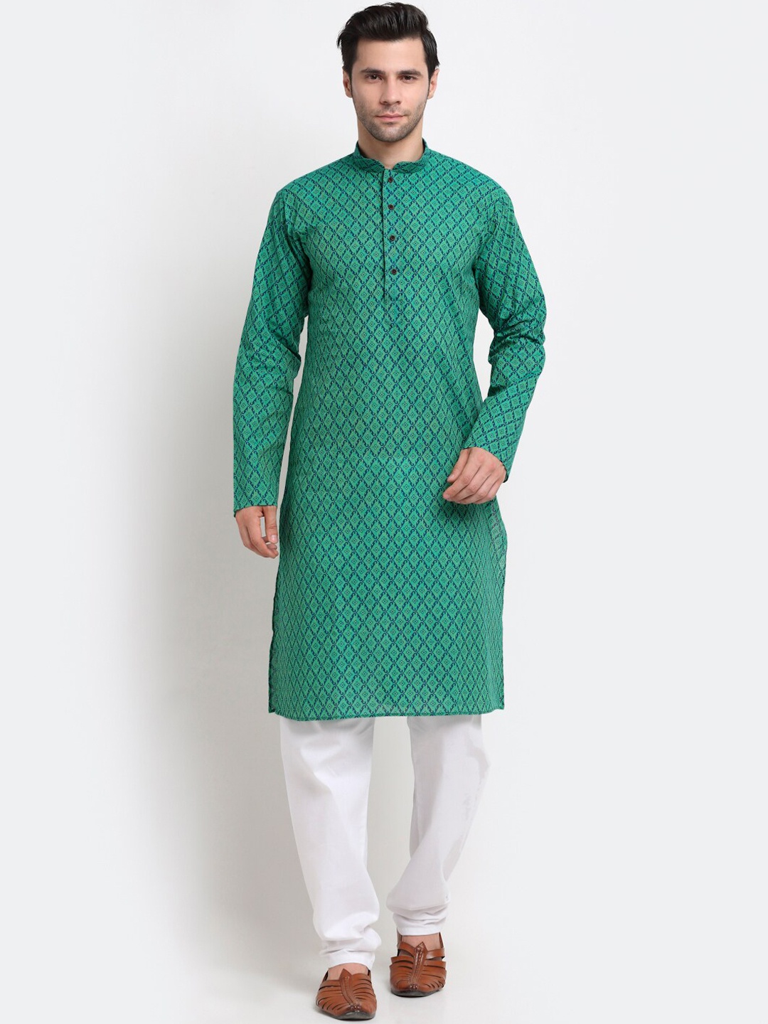 

KRAFT INDIA Men Green Ethnic Motifs Printed Thread Work Kurta