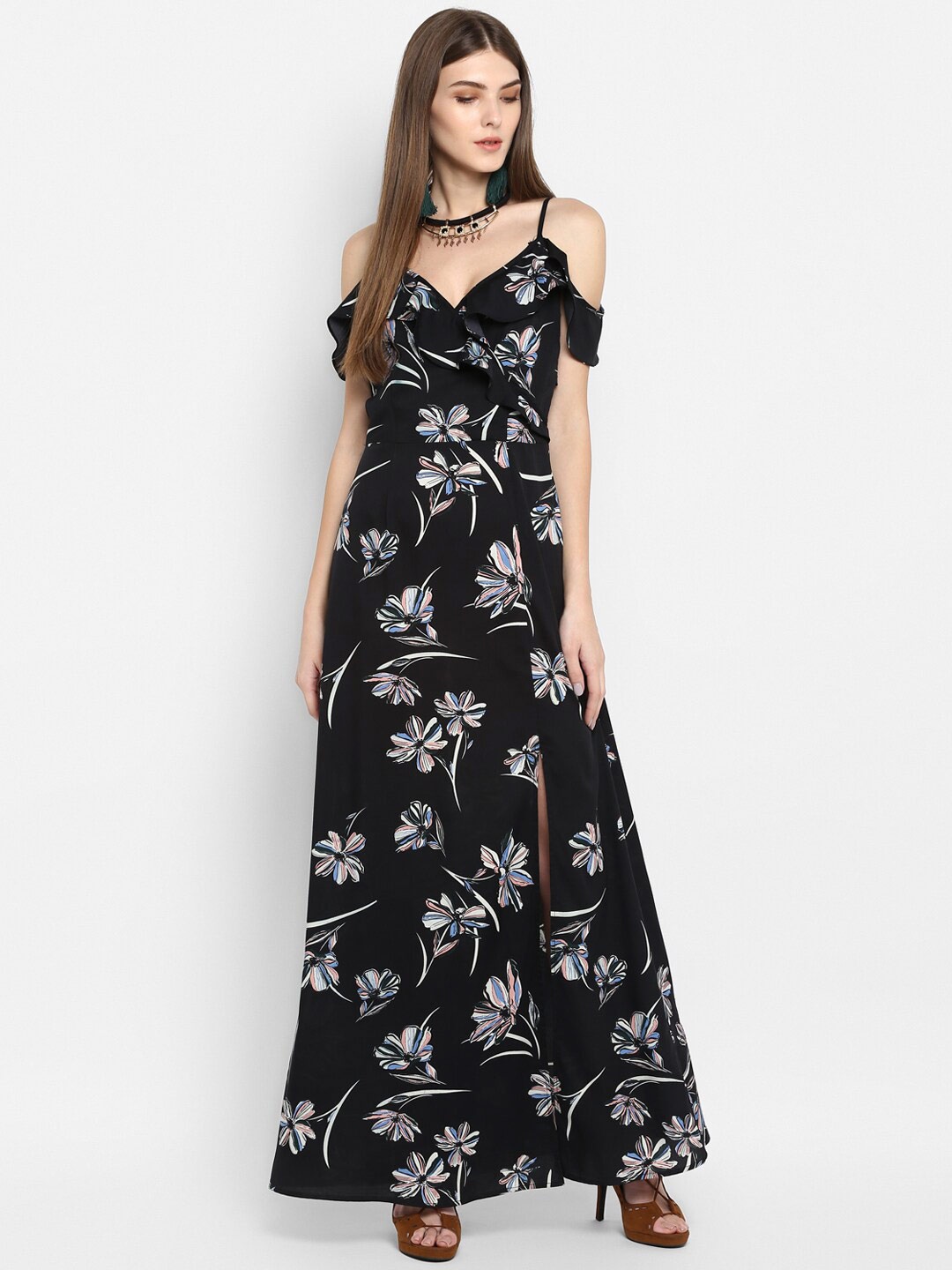 

TRENDY DIVVA Black & Beige Floral Maxi Dress