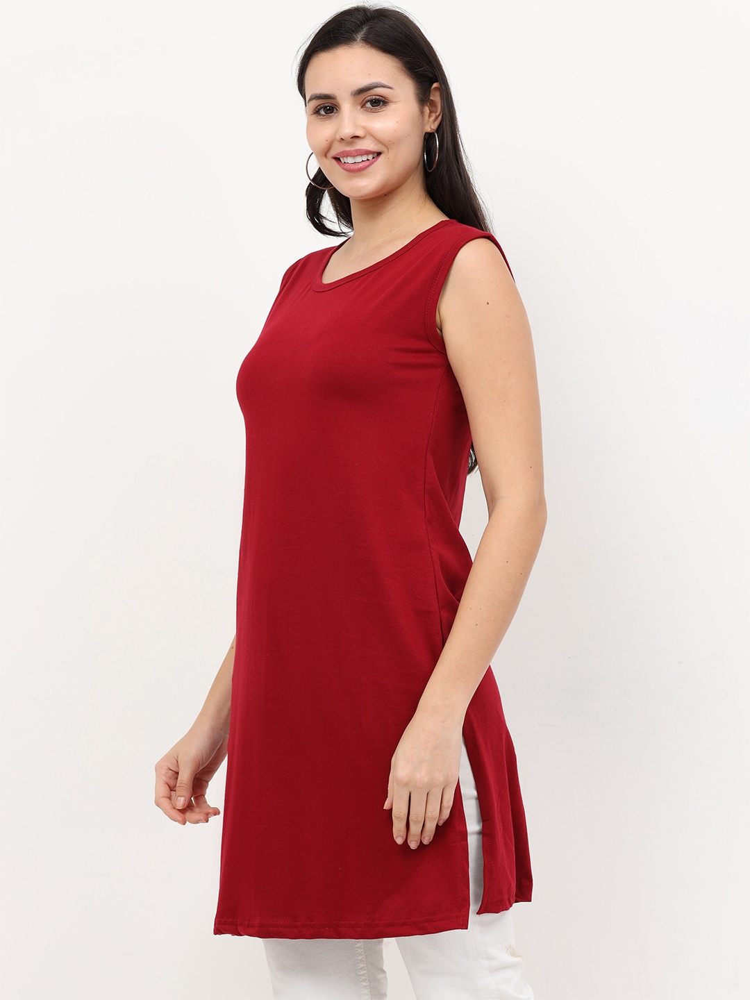 

Fleximaa Women Maroon Pure Cotton Longline Top