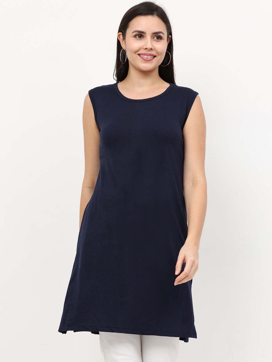 

Fleximaa Navy Blue Cotton Sleeveless Longline Top