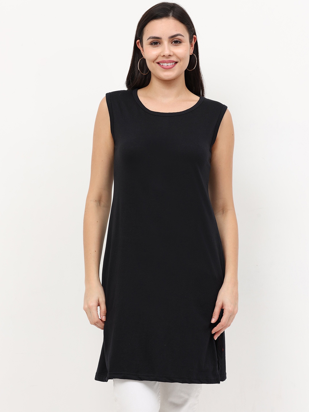 

Fleximaa Women Black Longline Sleeveless Pure Cotton Top