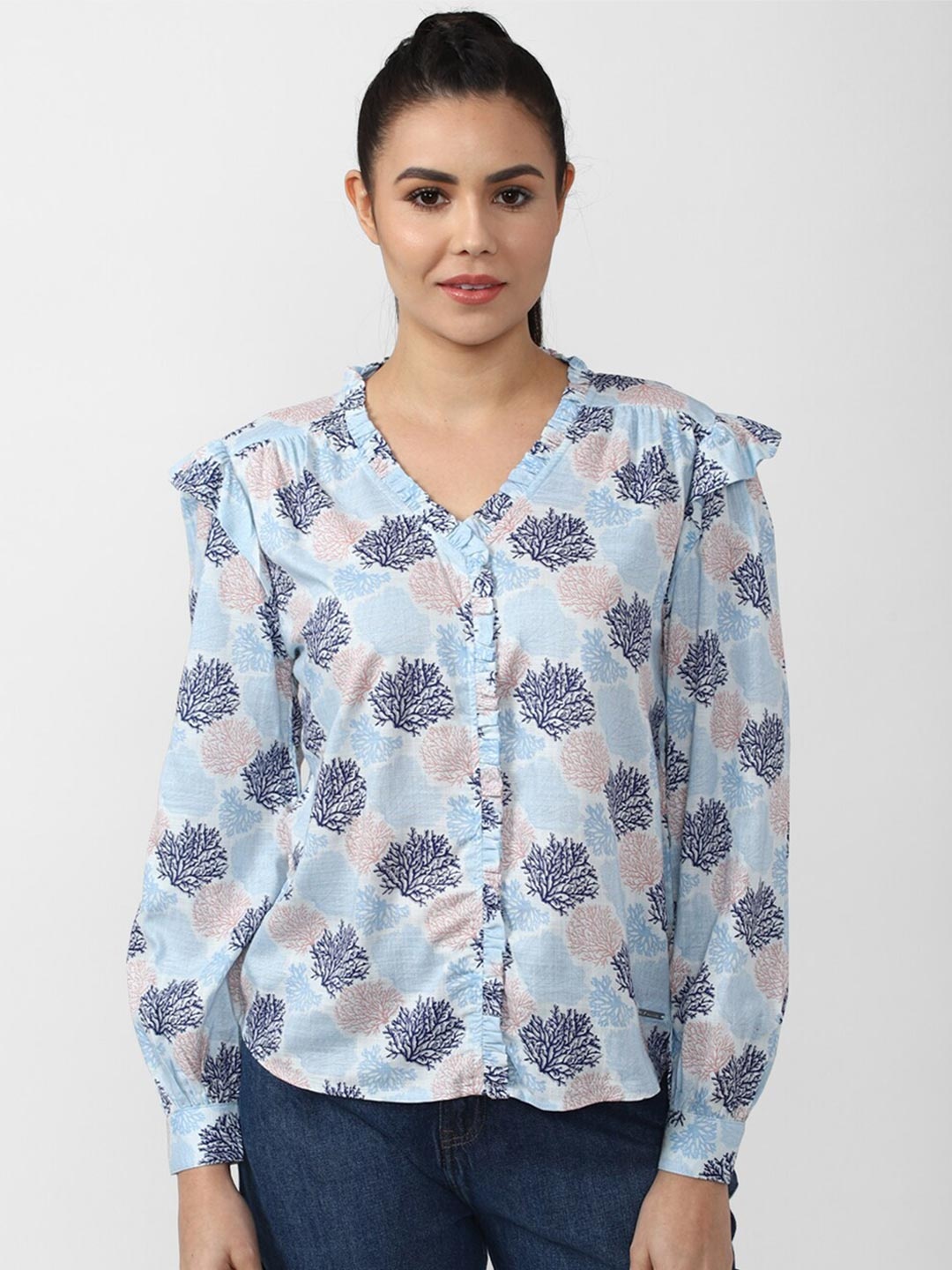 

Van Heusen Woman Blue & Black Floral Print Ruffles Shirt Style Top