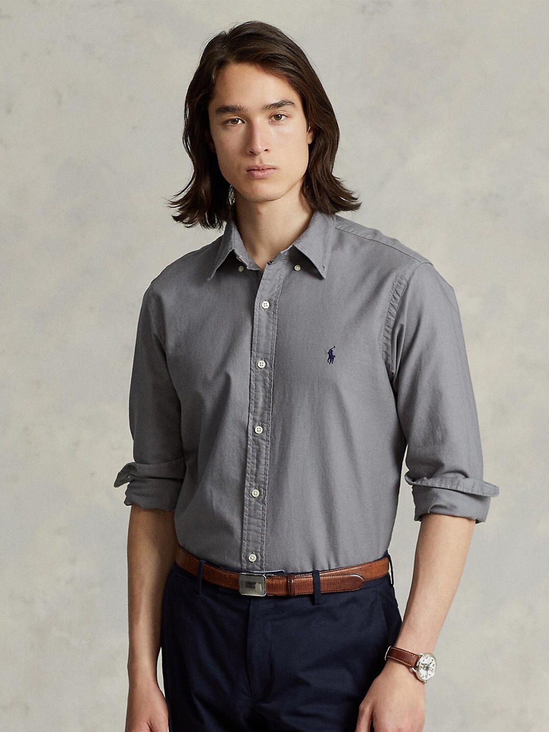 

Polo Ralph Lauren Men Grey Solid Full Sleeve Casual Shirt