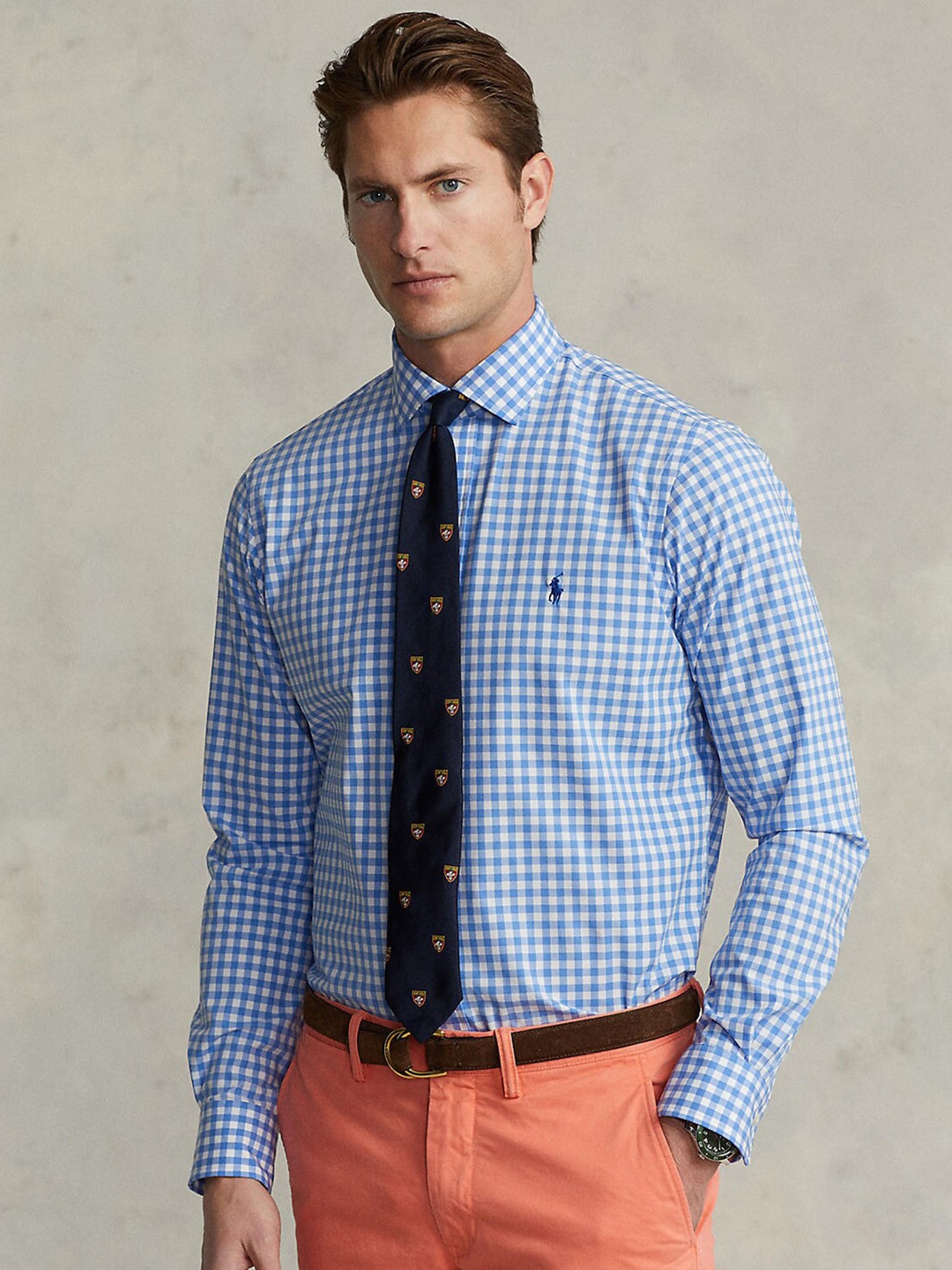 

Polo Ralph Lauren Men Blue Custom Gingham Checked Cotton Formal Shirt